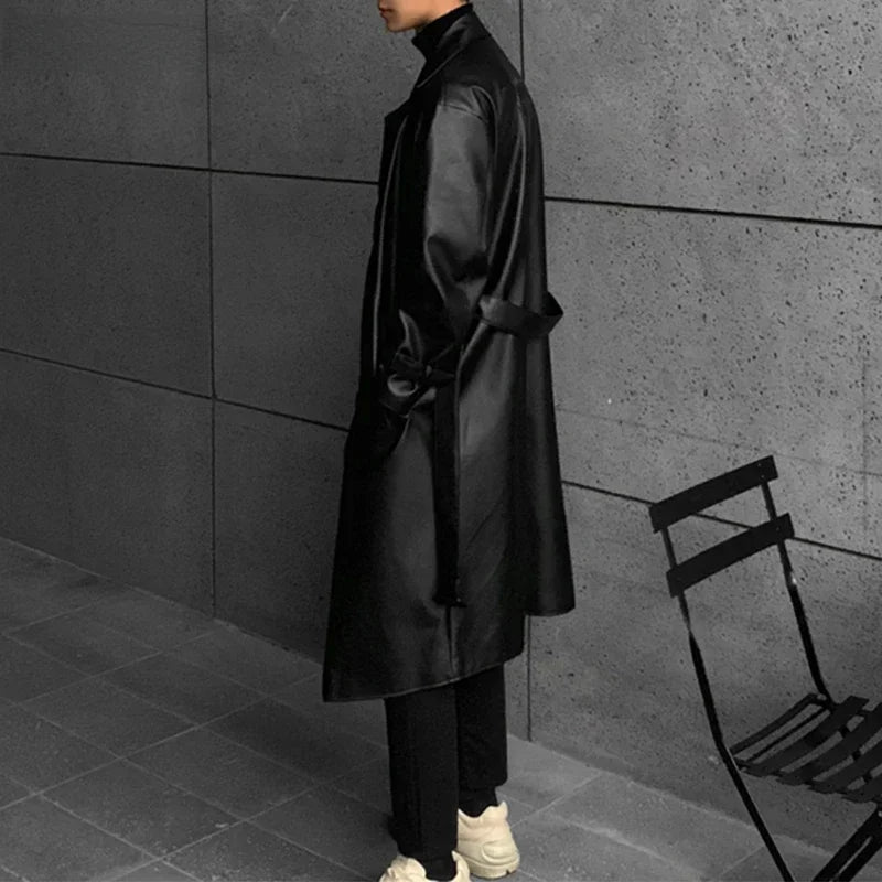 Men's Black Leather Fleece Lined Trench Coat