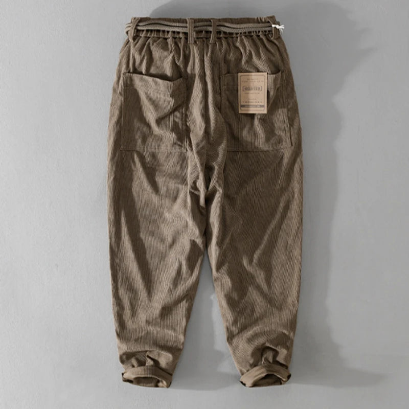 2023 Autumn New Men's Vintage Corduroy Cargo Pants Casual Loose Simple Drawstring Soft Street Trousers F7625