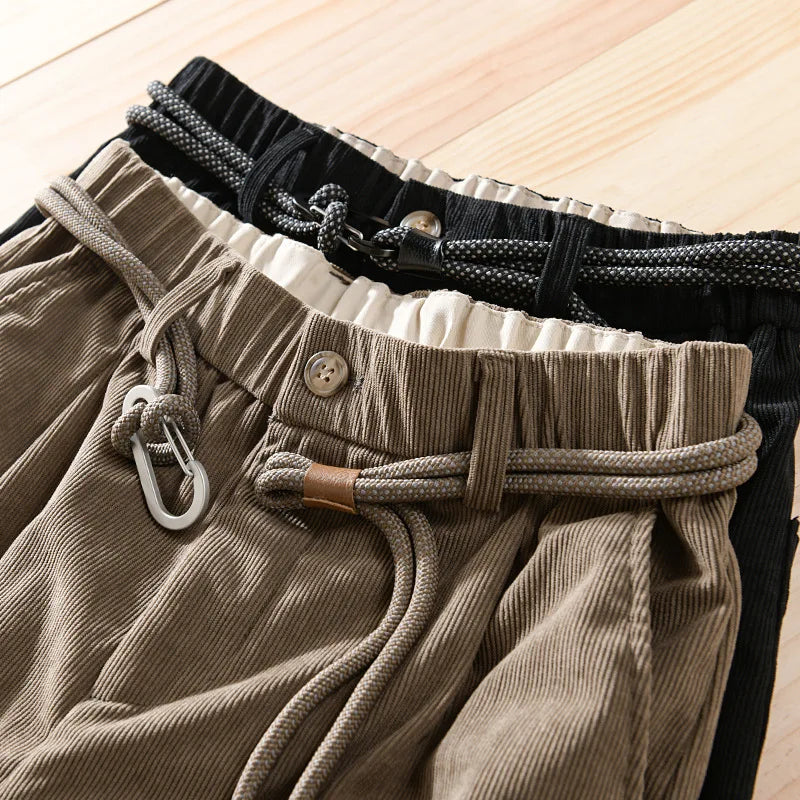 2023 Autumn New Men's Vintage Corduroy Cargo Pants Casual Loose Simple Drawstring Soft Street Trousers F7625