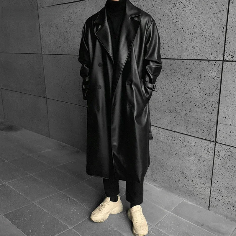 Men's Black Leather Fleece Lined Trench Coat