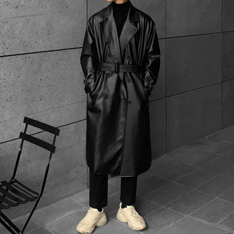 Men's Black Leather Fleece Lined Trench Coat