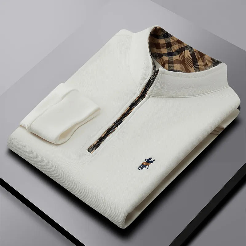 Luxury Brand Long Sleeve T-shirt 100% Cotton Autumn New Fashion Zipper Embroidery Business Casual Standing Collar Pullover