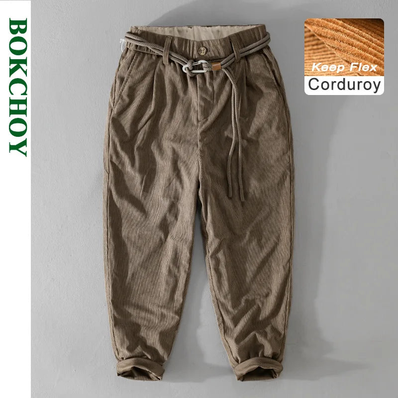 2023 Autumn New Men's Vintage Corduroy Cargo Pants Casual Loose Simple Drawstring Soft Street Trousers F7625