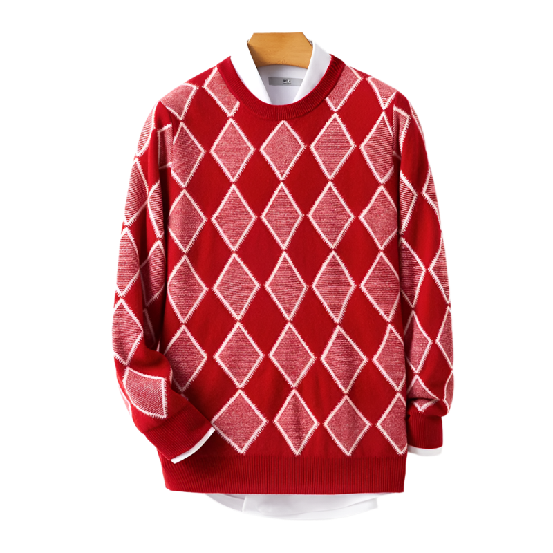 Red sweater with white diamond pattern on a wooden hanger against a white background