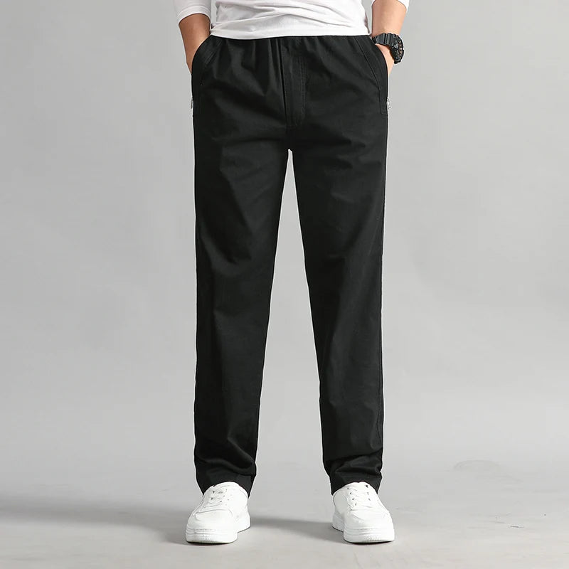 Men Casual Cargo Pants Four Seasons Cotton Men Trousers Multi Zipper Pockets Loose Straight Jogging Pants Middle Aged Men 6XL